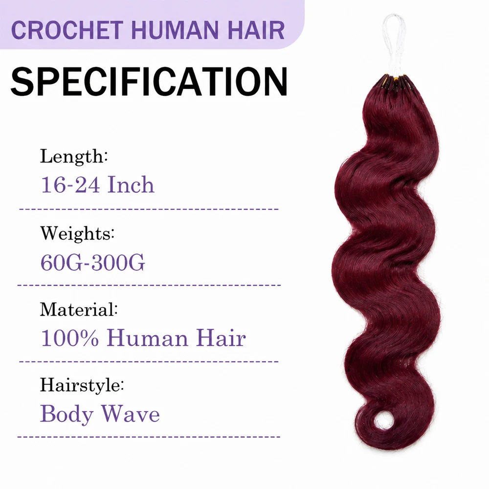 Burgundy 99J Color Body Wave Crochet Human Hair Miracle Knots Feather Knotless Pre Separated Invisible Braiding Hair Extensions