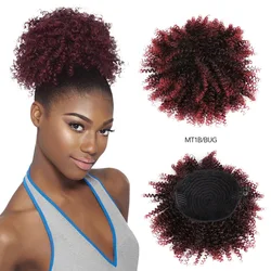 BOL Afro Puff Ponytail Drawstring Synthetic Curly Ombre Burgundy Chignon Hairpiece Wrap Updo Hair Extensions with 2 Clips 8Inch
