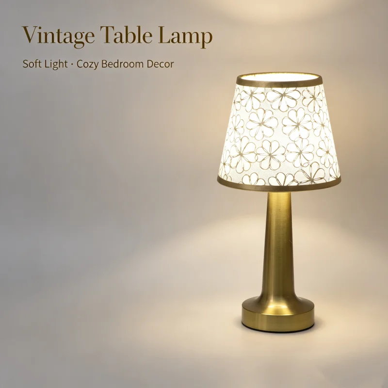Elegant Floral Embroidery Table Lamp, USB Warm Bedside Decor Lamp, Gold Base Small Nightstand Lamp for Bedroom & Living Room