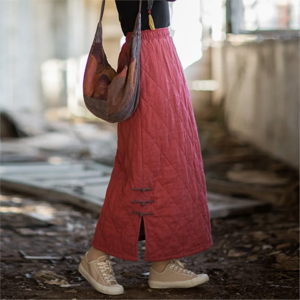 

Women Vintage Winter Cotton Skirts Elastic Waist Solid Color 2025 New Plus Cotton Female Button A-Line Skirts