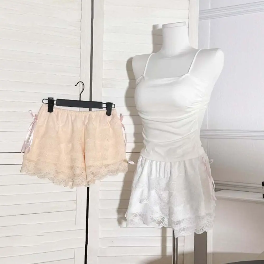 Dulce JK Lolita pantalones de seguridad de encaje con lazo antideslumbrante pantalones cortos sueltos de verano pantalones cortos de seguridad con volantes multicapa para mujer