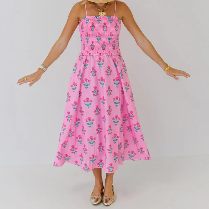 Abito da donna con cinturino per spaghetti drappeggiato per le vacanze Elegante abito lungo senza maniche smock con stampa floreale con volant Abito primaverile estivo