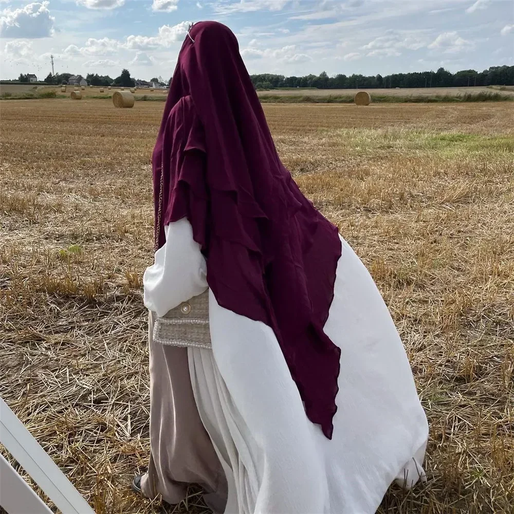 Lange Hijab Khimar Ramdan Eid Moslim Plain Hijaabs Hoofddoek Vrouwen 3 Lagen Jilbab Jubha Islamitische Kleding Gebed Kledingstuk Djellaba