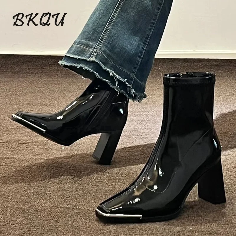 BKQU Explosive Temperament Short Boots Women Autumn Single Square Head Thin Thick Heel Boots Small High Heels Super Fire