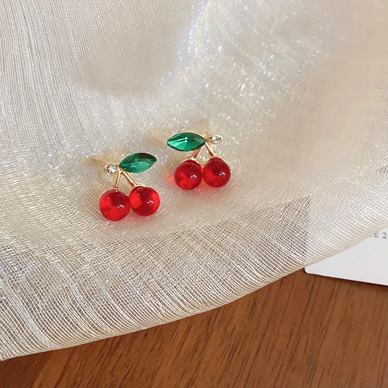 Sweet Rhinestone Glass Cherry Fruit Stud Earrings for Women Girl Exquisite Versatile Fashion Accessories