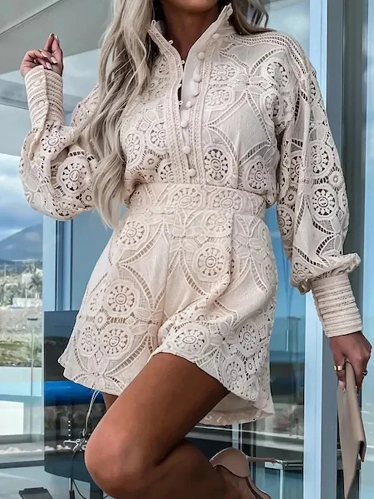 Embroidery Short Sets Loungewear Women Lace Pajamas Sets Spring Summer Long Sleeve Short Suits Elegant Casual 2 Pcs Outfits
