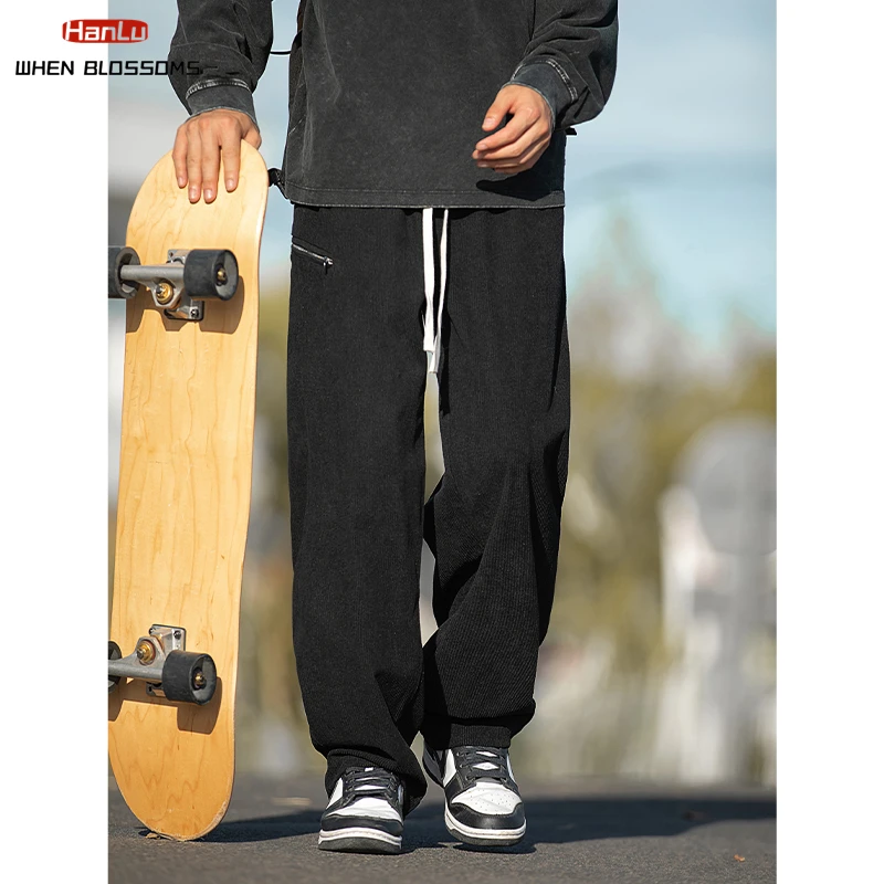 HANLU Retro Textured Corduroy Straight Leg Casual Pants For Men Autumn Winter With Side Zipper Design Trendy Brand Loose Pants
