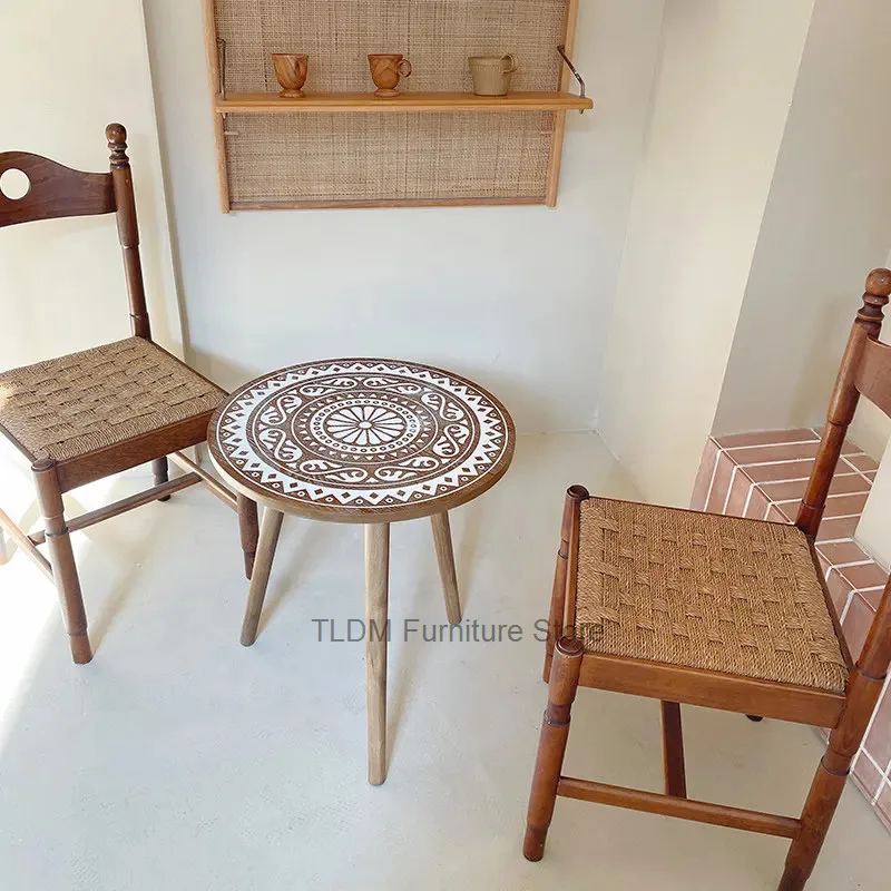 Top,Vintage Bohemian Mandala Round Pattern Side Table Ethnic with End Hand-Painted Table for Balcony,Living Room & Bedroom Decor