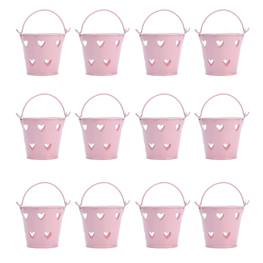 12pcs Portable Metal Decorative Bucket 2.36x2.09in Hollow Heart Shaped Storage Pail with Handle Pink Candy Container Cosmetics