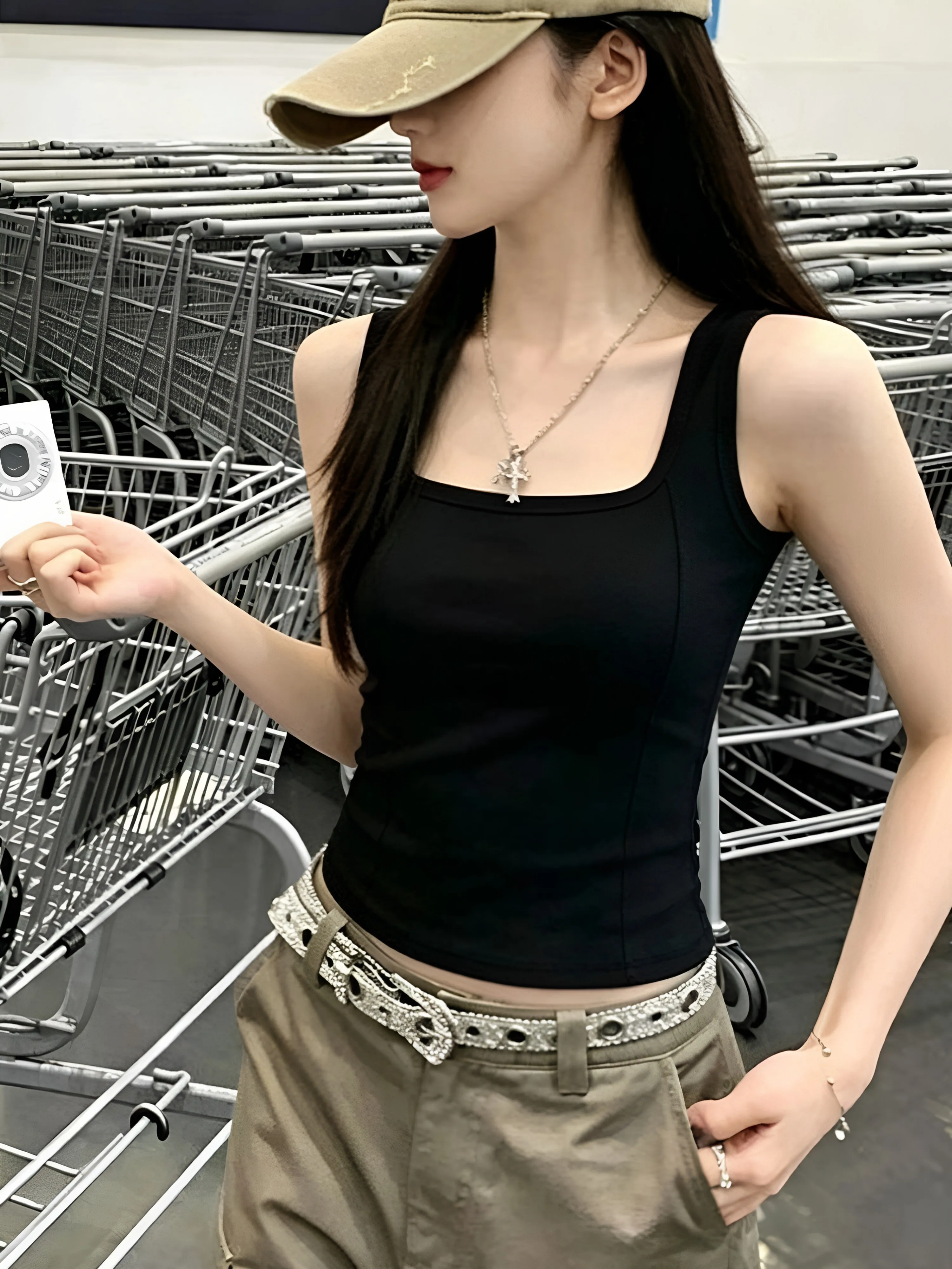 

Women's 95 Cotton Square Collar Strap Vest Sleeveless Summer New Style Slim Fit Outerwear Inner Match Large Size Top