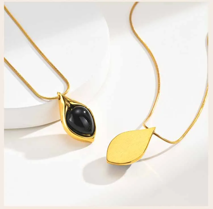 Natürliche schwarze Onyx-Halskette für Damen, 18K vergoldete Edelstahl-Tropfen-Edelstein-Anhänger-Halskette, Jubiläumsschmuck – Detail 3