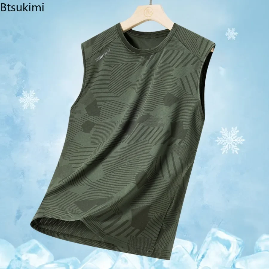 Men's Sports Quick Dry Ice Silk Sleeveless Tops Solid Color Geometric Elasticity Lightweight Loose Tank Tops Breathable Gym Vest