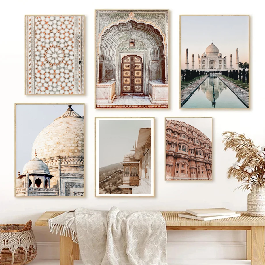 Boho India City Indian Monument Taj Mahal Travel Architecture Photography Poster Canvas Painting Wall Art Pictures Home Decor