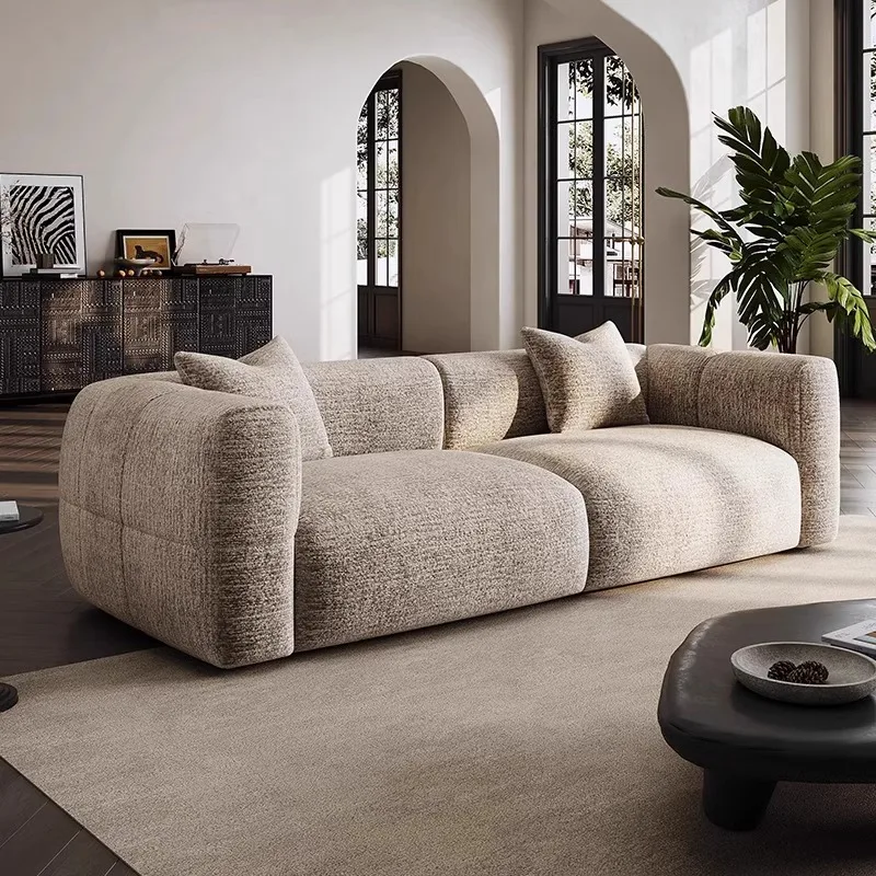 Mid-Century Large White Fabric Sofa, Retro Cream Style, High-End Straight Set for Small Living Room