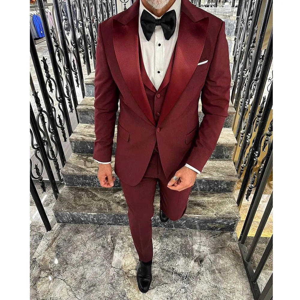 Ternos de casamento formais de luxo masculinos, Blazer de 3 peças, jaqueta, calça, colete, roupa masculina, um botão, lapela de pico, comprimento regular, 2024