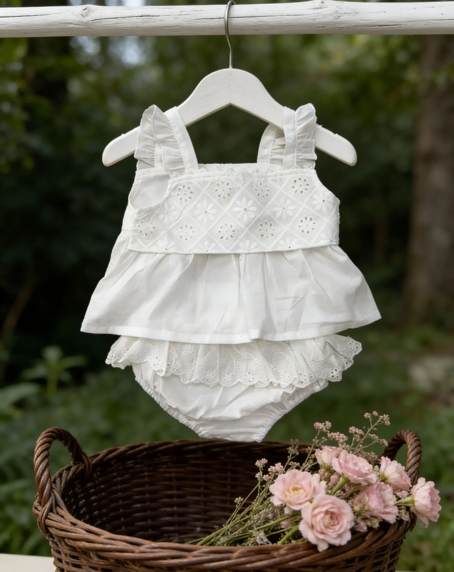 

Girls' Summer Dress Set, Class A Pure Cotton Laced Embroidered Strappy Top with Ruffles and Loose Pants Two-Piece Set