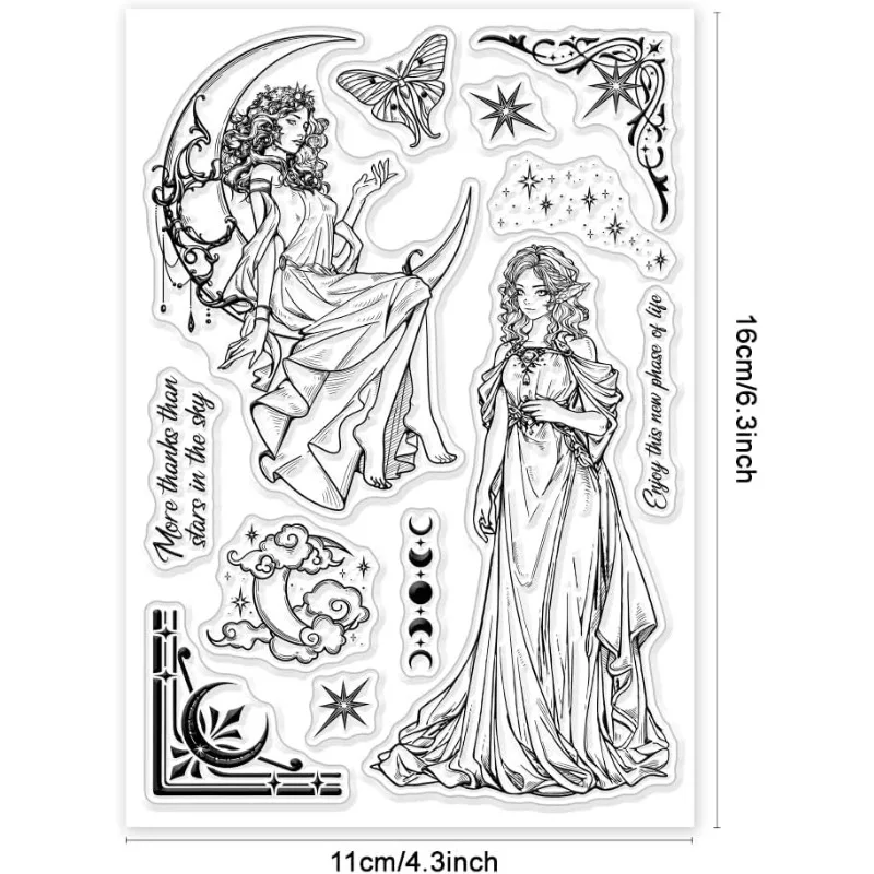 1pc Magic Moon Goddess Clear Stamp Vintage Clear Rubber Stamps Star Border Silicone Stamps for DIY Scrapbooking 6.3x4.33inch