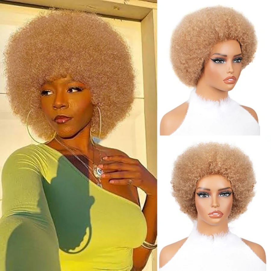

#27 Afro Curly Wigs With Bangs Natural Looking Afro Puff Wig Human Hair Big Afro Wig For Daily Party Use Soft Honey Blonde Wigs