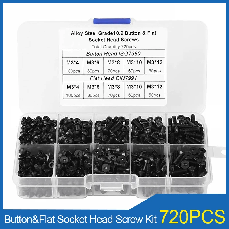 720pcs M3 Carbon Steel Black Round Head Screw and Countersunk Head Flat Head Bolt Set Hex Hexagon Socket Screw Assortment Kit