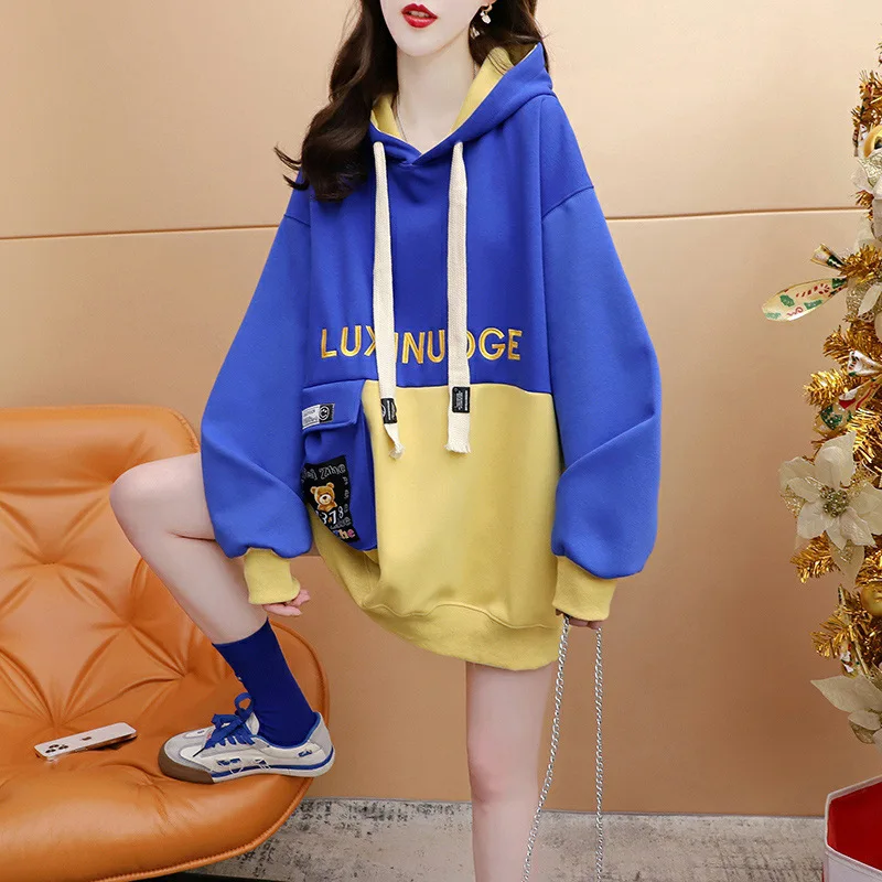American Style Retro Women's Sweat Street Korean Style Design Mid-length Color Matching Loose Pullover Lace-up Y2K All-match