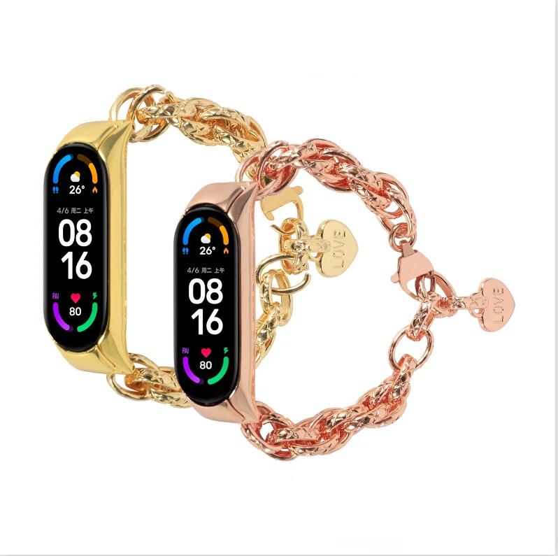 Metal strap For Xiaomi Mi band 7 6 5 4 Correa Women Metal Stainless Steel Heart Pendant Bracelet Wristband For Mi band 7 6 5 4 3