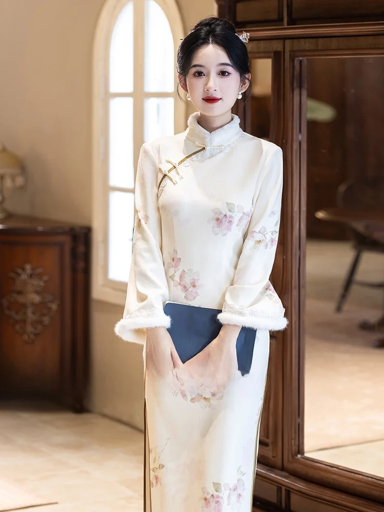 

Daily Wear Retro Sle Thiened Long Sve Fro Coat Dr Women's Young Sle Improved Version Warm Floral Patterned Dr