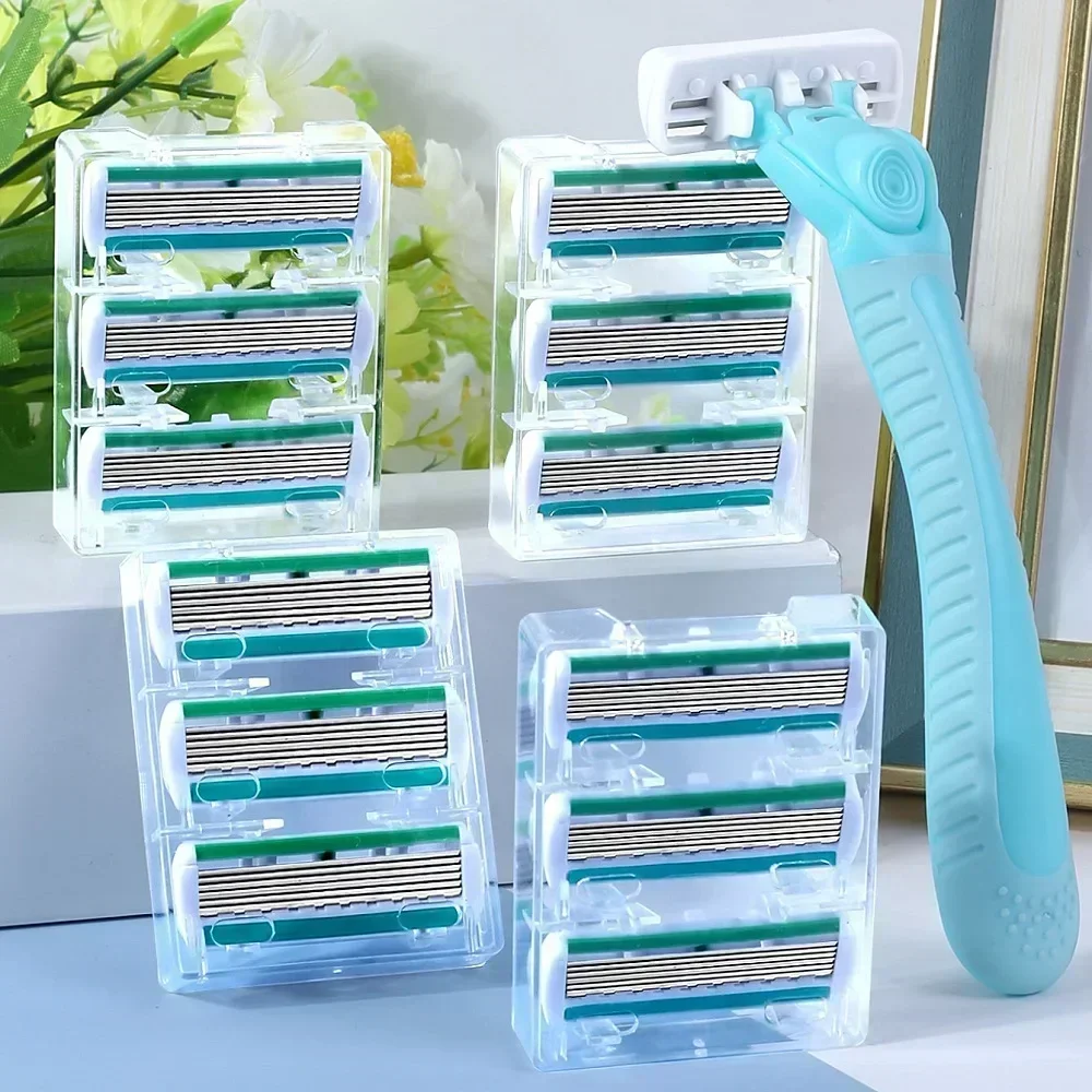 여성용 수동 안전 면도기, 6 레이어 스테인레스 스틸 제모 면도날, 교체 가능한 면도기 헤드, 핸들 1 개, 블레이드 12 개