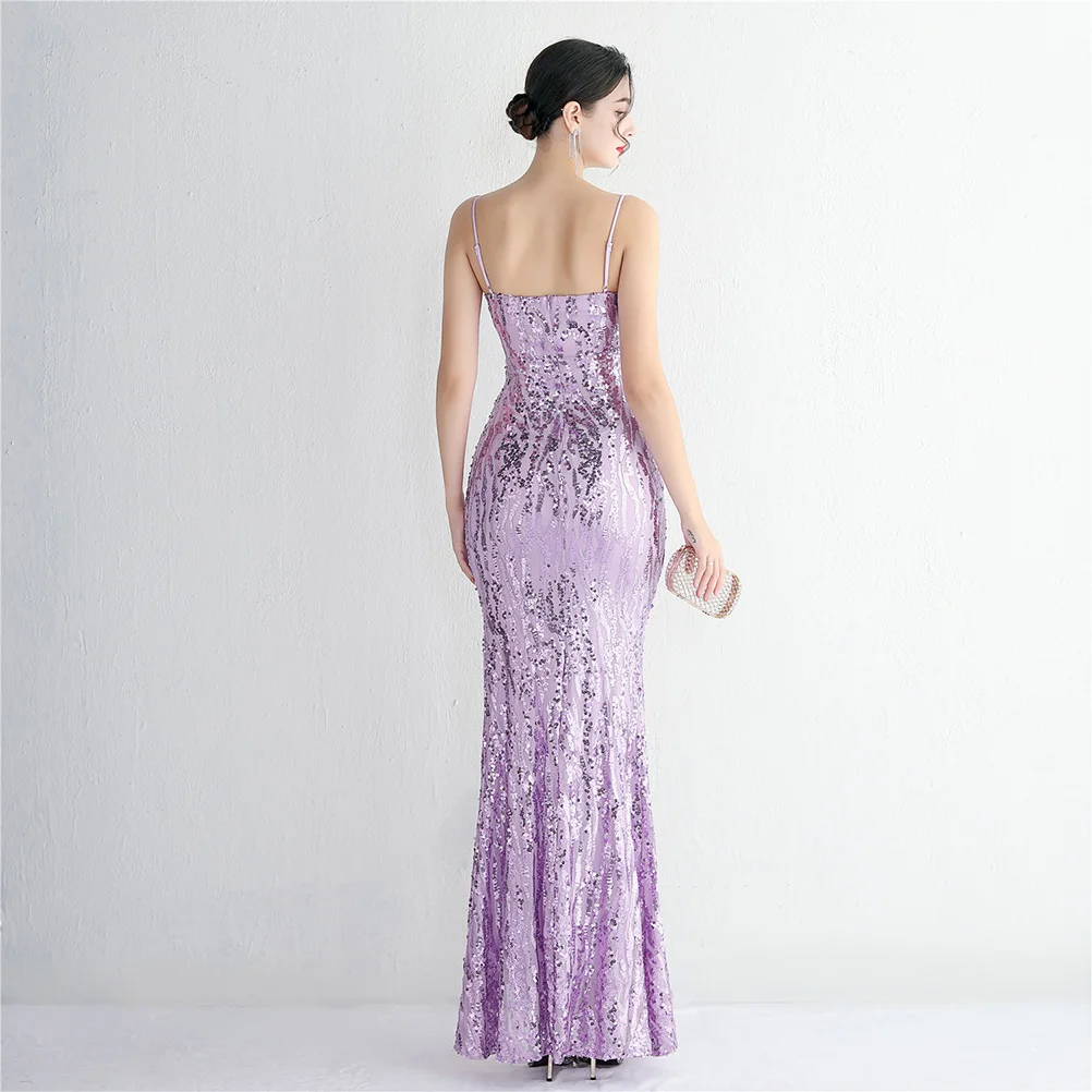 DEERVEADO Lavender Color Sexy Strap Evening Dress with Slit Women Deep V Neck Mermaid Formal Party Dresses Long Sequins Gown