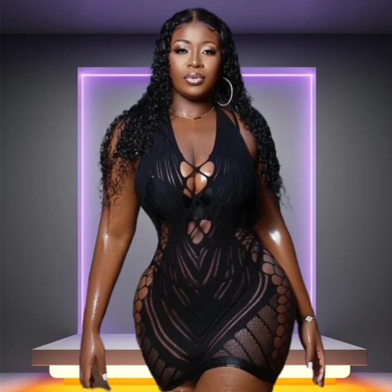 Czarna, bez pleców, przezroczysta koronkowa mini sukienka typu babydoll, seksowna, z wycięciami, na ramiączkach, z siateczki, modny kostium dla dorosłych, vestido.