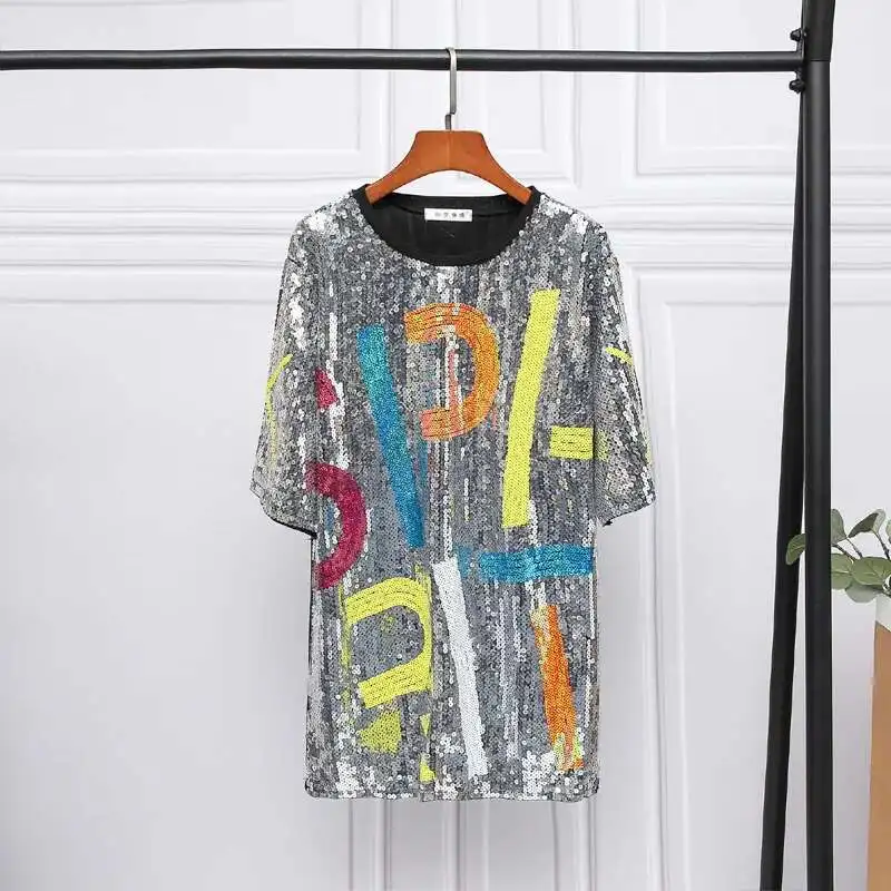 #0206 Summer Long T Shirt Women Loose O-neck Streetwear Sequined T Shirt Short Sleeve Split Joint Hip Hop T-shirt Femme Letters