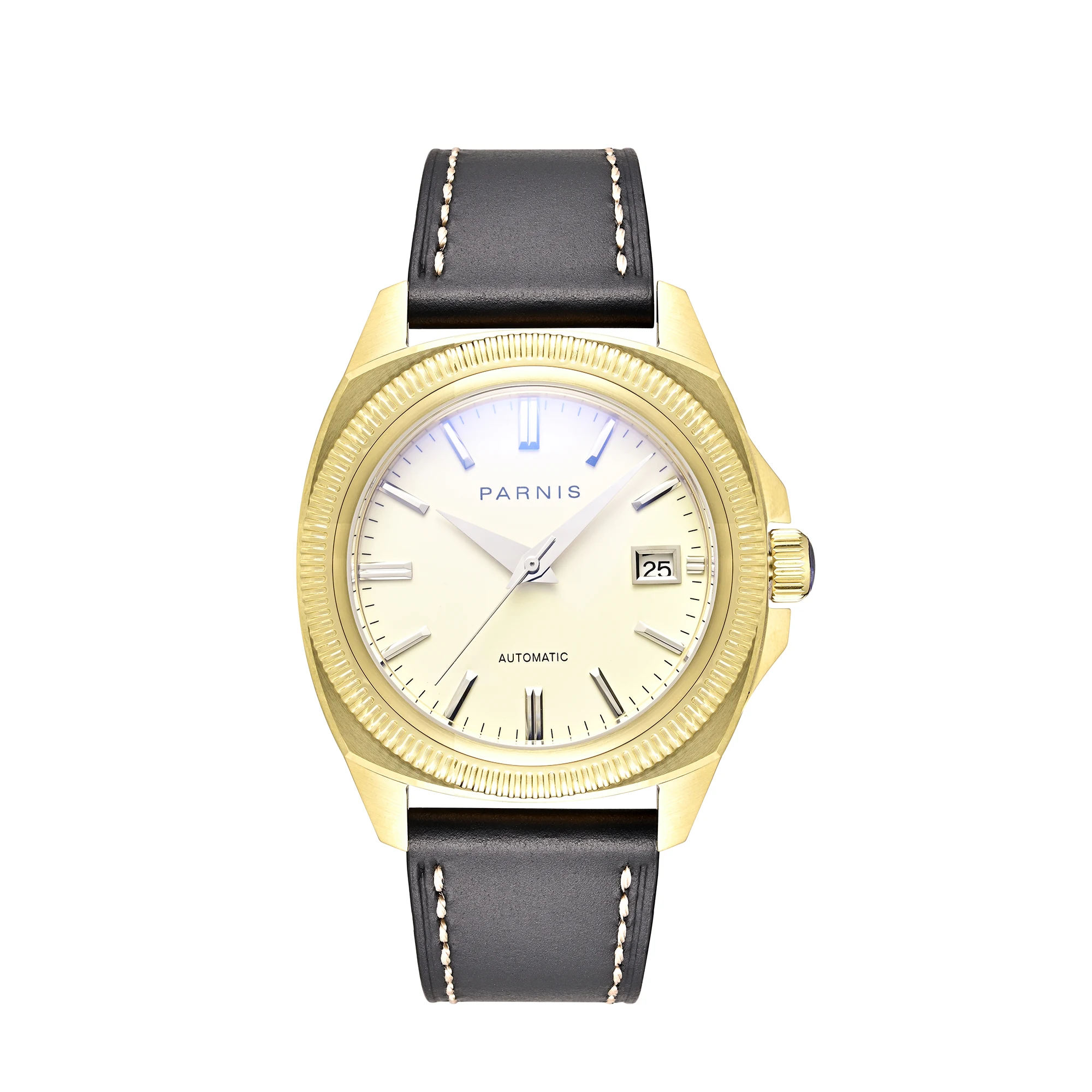 2025 nueva llegada Parnis 41mm caja plateada reloj mecánico automático para hombres correa de cuero NH35 relojes para hombres reloj para hombre regalo