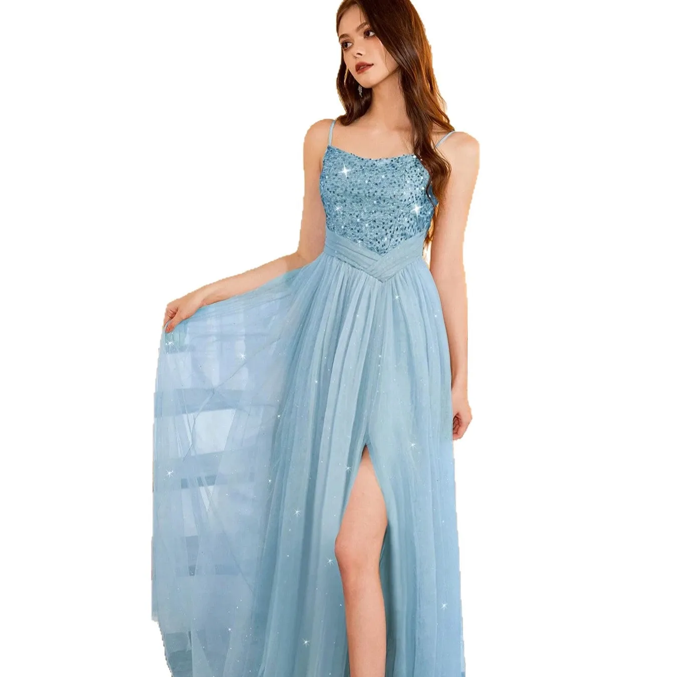 Sexy Slit Party Sequin Evening Gown Sheer Women's Suspender Dress Bridesmaid Dress