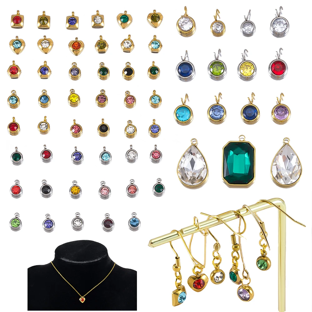 20pcs 10pcs 5pcs Stainless Steel Geometry Crystal Glass Charms Random Color Pendants Necklaces Earring Beads DIY Jewelry Making