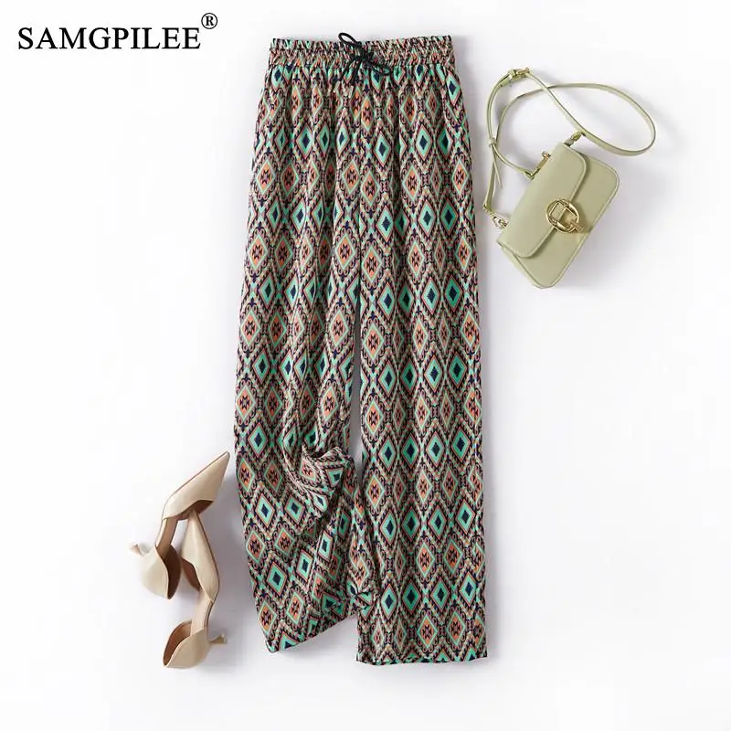 

Chiffon Drape Elastic Waist Diamond Lattice Show Legs Long Wide Leg Women's Fashion Contrast Summer Straight Oversize Pants 4XL