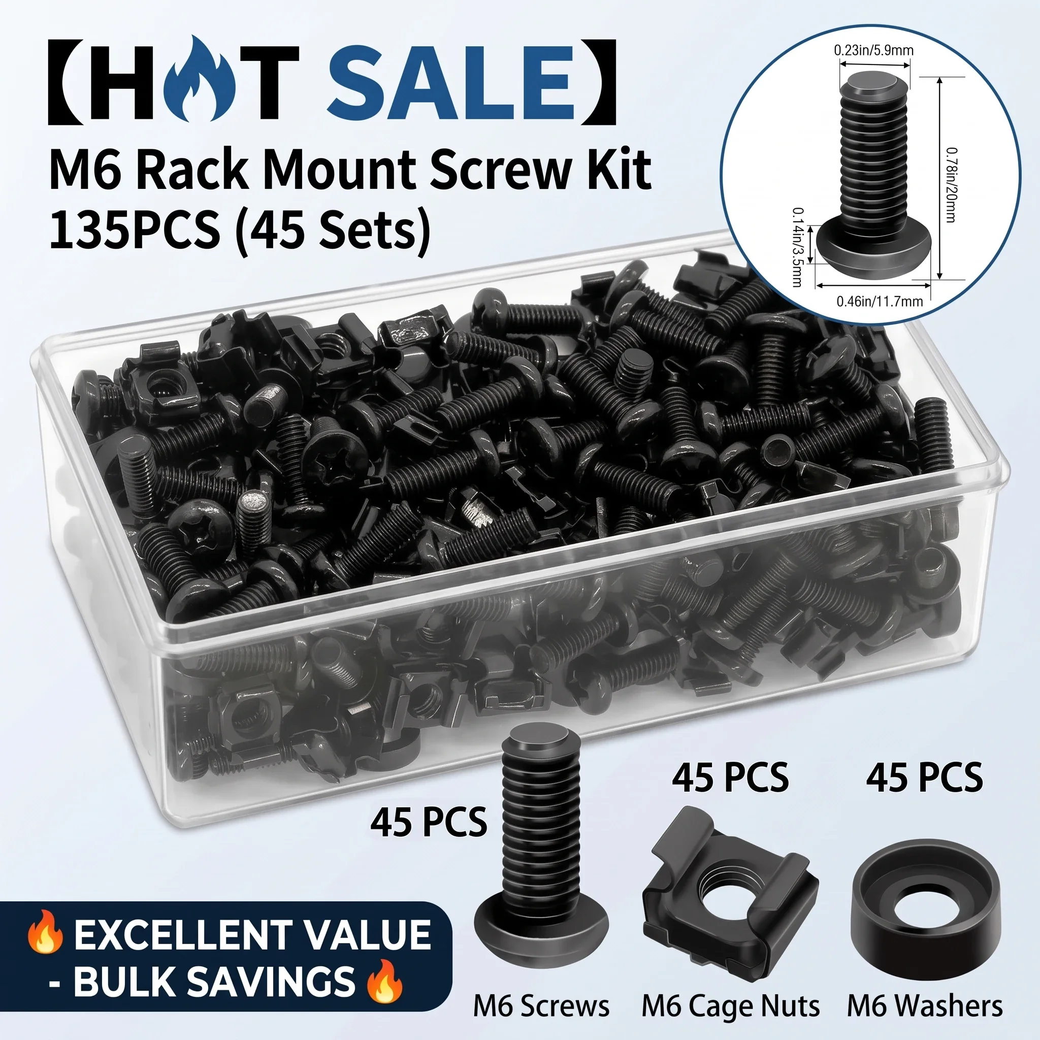 135PCS M6 X 16mm Server Rack Screws and Cage Nuts Set, Black M6 Rack Mount Screws Kit with Washers for 19' Network Cabinet, Patc