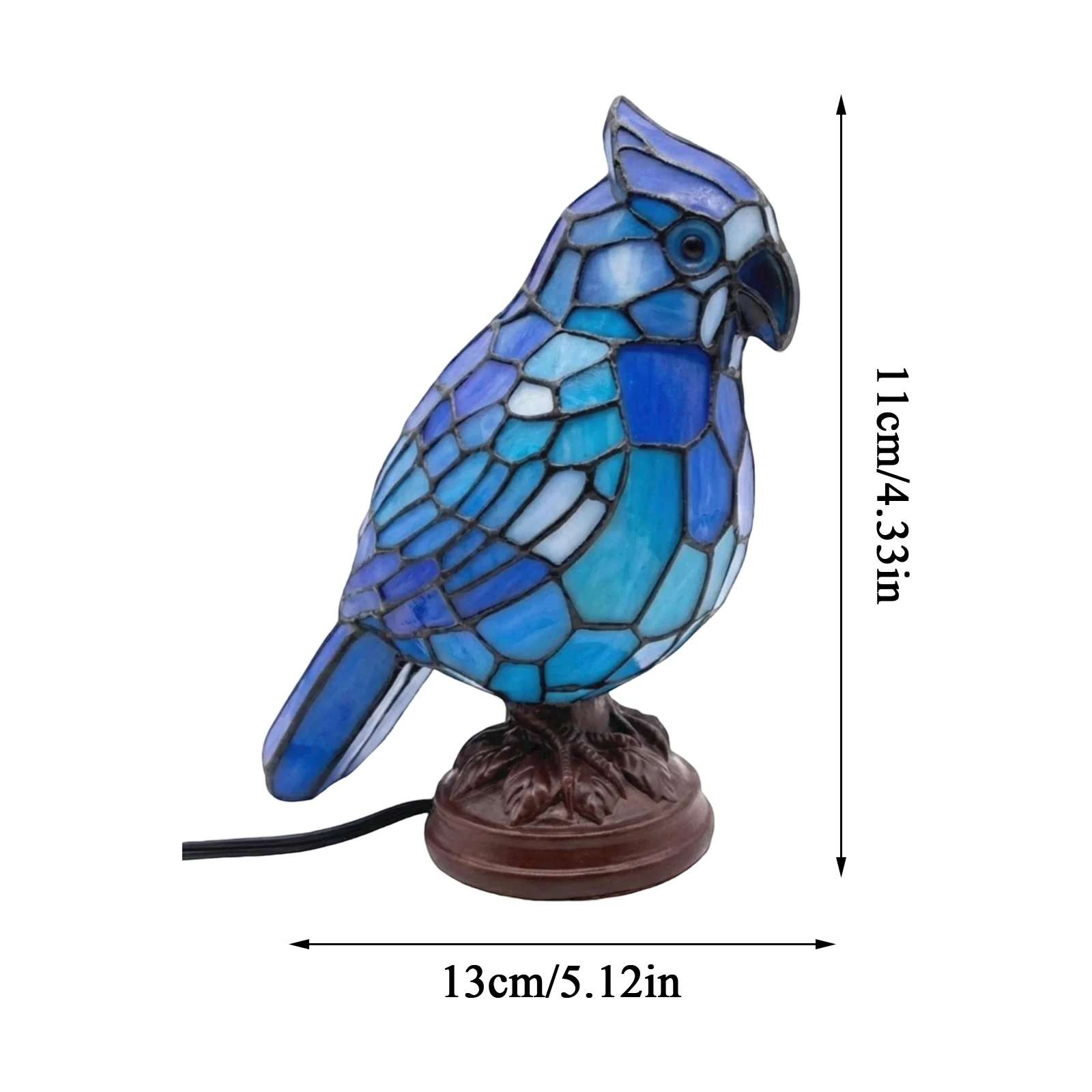 Stained Glass Bird Table Lamp Resin Decorative Animal Figurine with Wooden Base for Indoor Use Bedroom Living Room Lighting