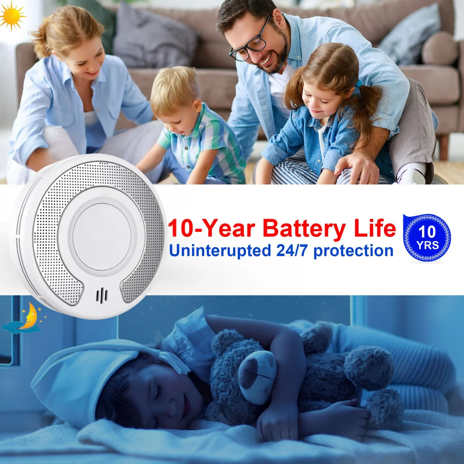 Tuya WiFi Wireless Interlinked Smoke Detector & Heat Alarm - 10-Year Sealed Battery, Large Test/Silence Button, Smart Home Compa