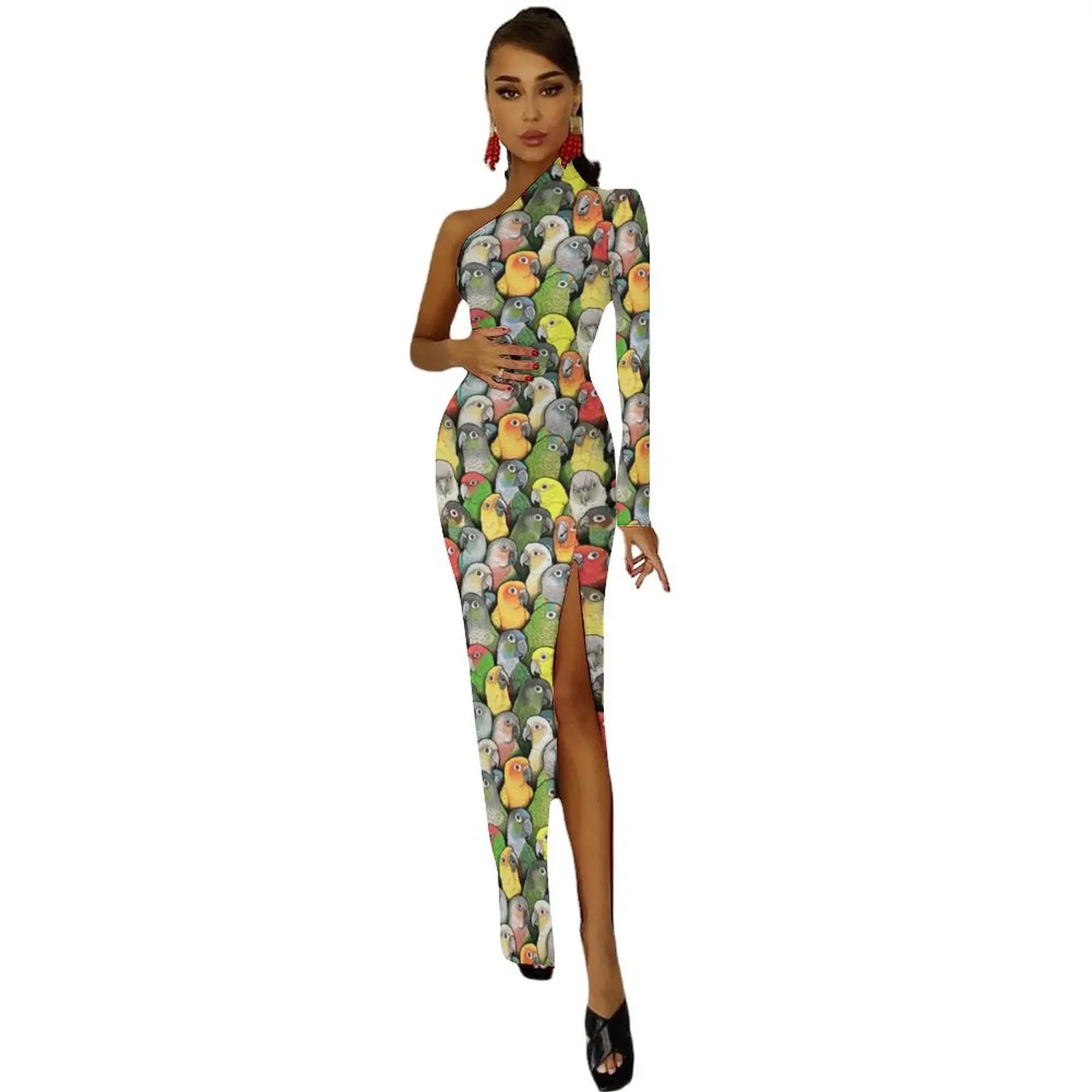 Kolorowa sukienka Maxi z papugą na jedno ramię z nadrukiem zwierzęcym Estetyczne sukienki bodycon Jesienna elegancka sukienka damska Vestidos