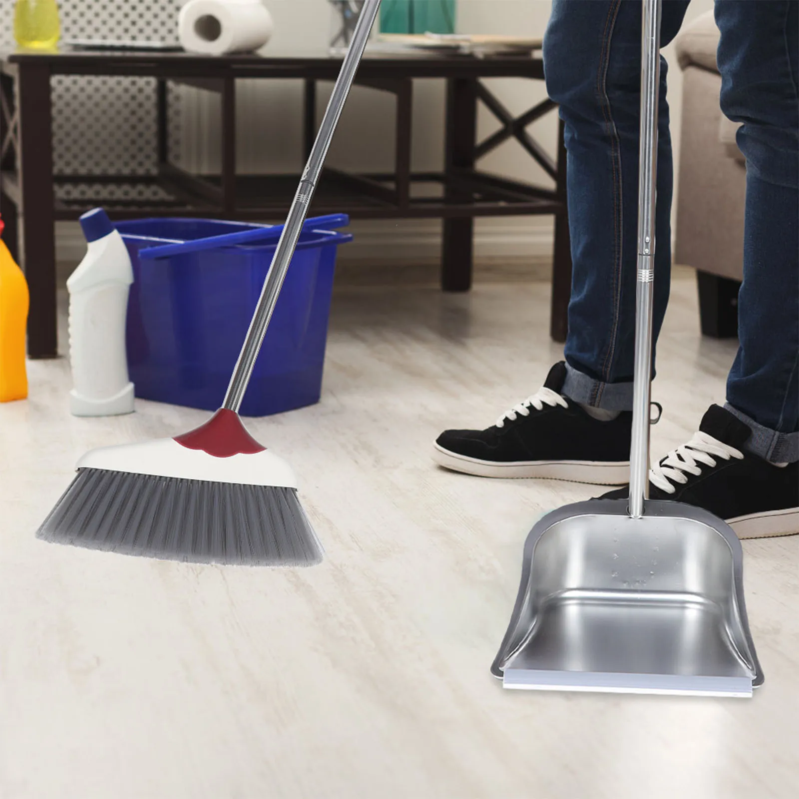 

Stainless Steel Broom Dustpan Set Long H Broom Household Cleaning Tools Flexible Bristles Anti Wind Design Home Use