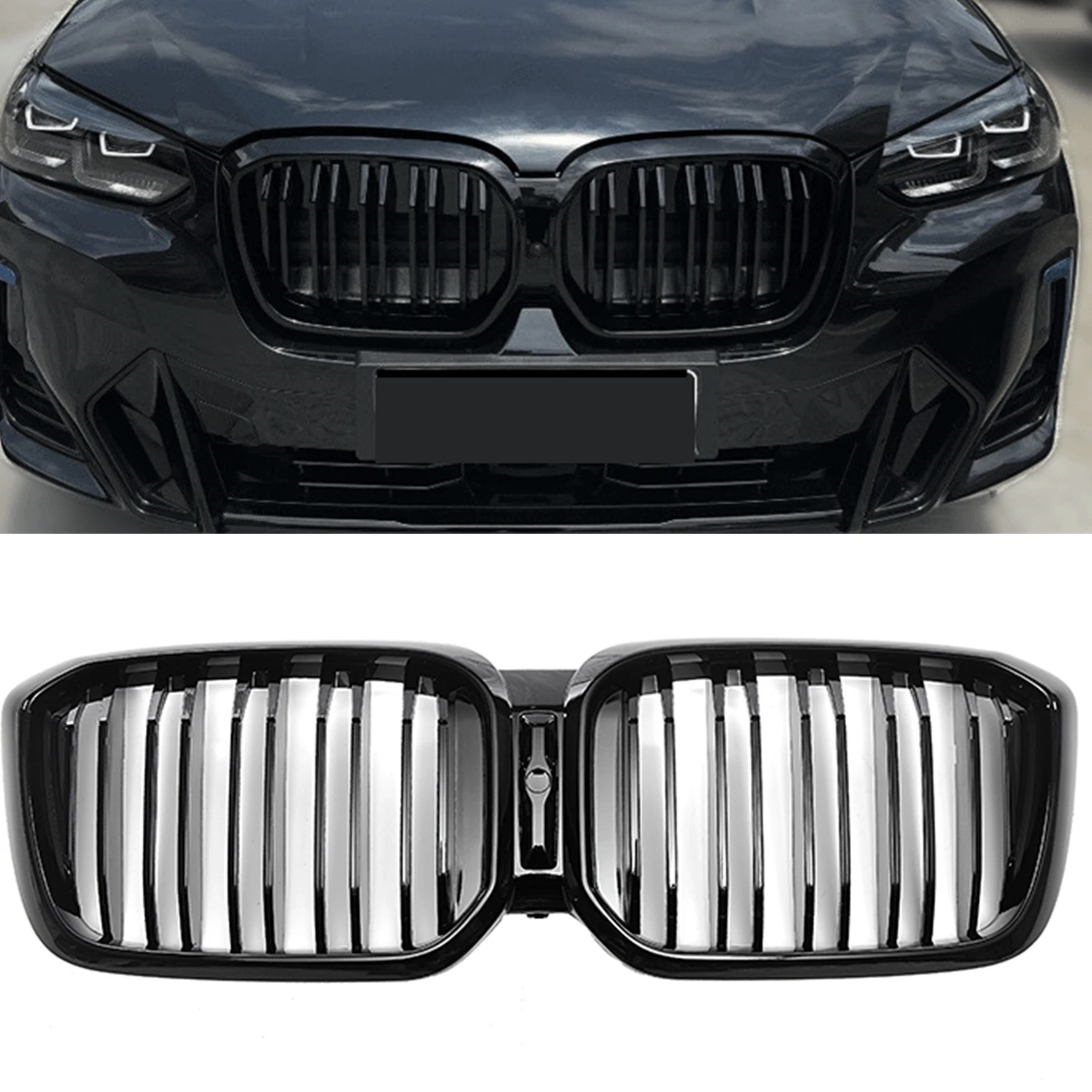 

Front Kidney Grille Double Line Style For BMW X3 X4 G01 G08 G02 2022 Glossy Black Car Upper Bumper Intake Hood Mesh Grill Grid