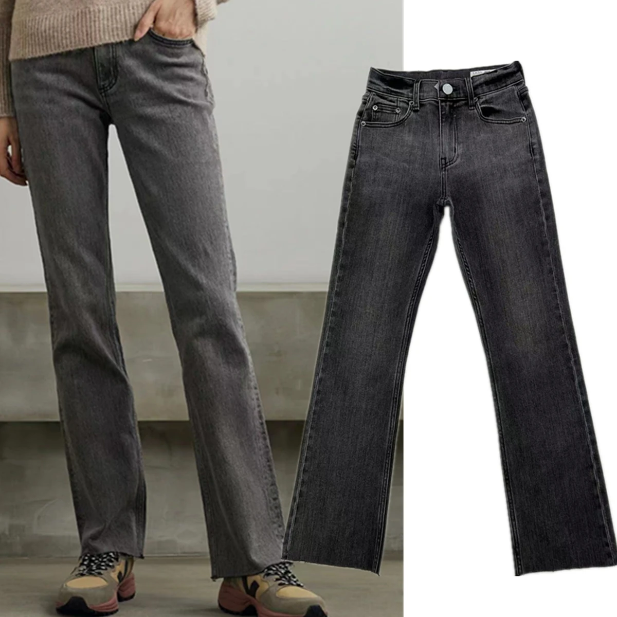 

Maxdutti Denim Pants Women Minimalist Women's Straight Leg Jeans Retro Washed Gray Burrs Mid Waist Flared Jeans Women