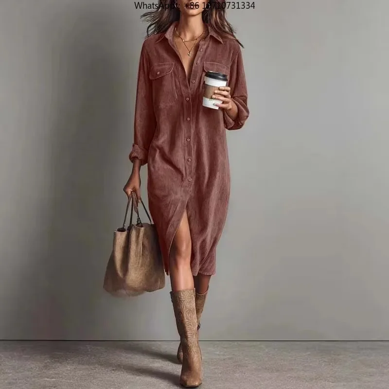 Women Retro Corduroy Shirt Dress Solid Ribbed Lapel Single Breasted Long Sleeve Slit Fall Winter Elegant Dress