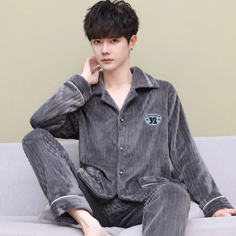 Coral Velvet Sleepwear Men Pajamas Set Warm Button Thick Long Sleeve Pants Nightwear Flannel Homewear Sets Korean Fashion New