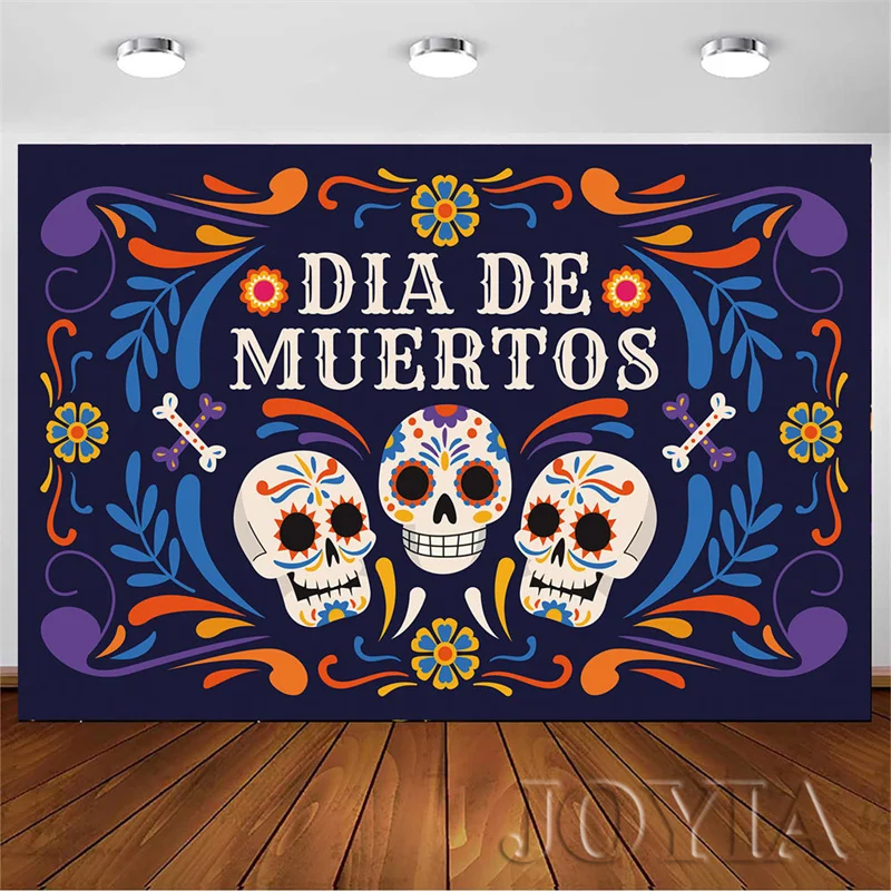 Skull Background Colorful Decorative Pattern Day of the Dead Backdrop Mexican Festival Party Wall Decor Día de Muertos Prints