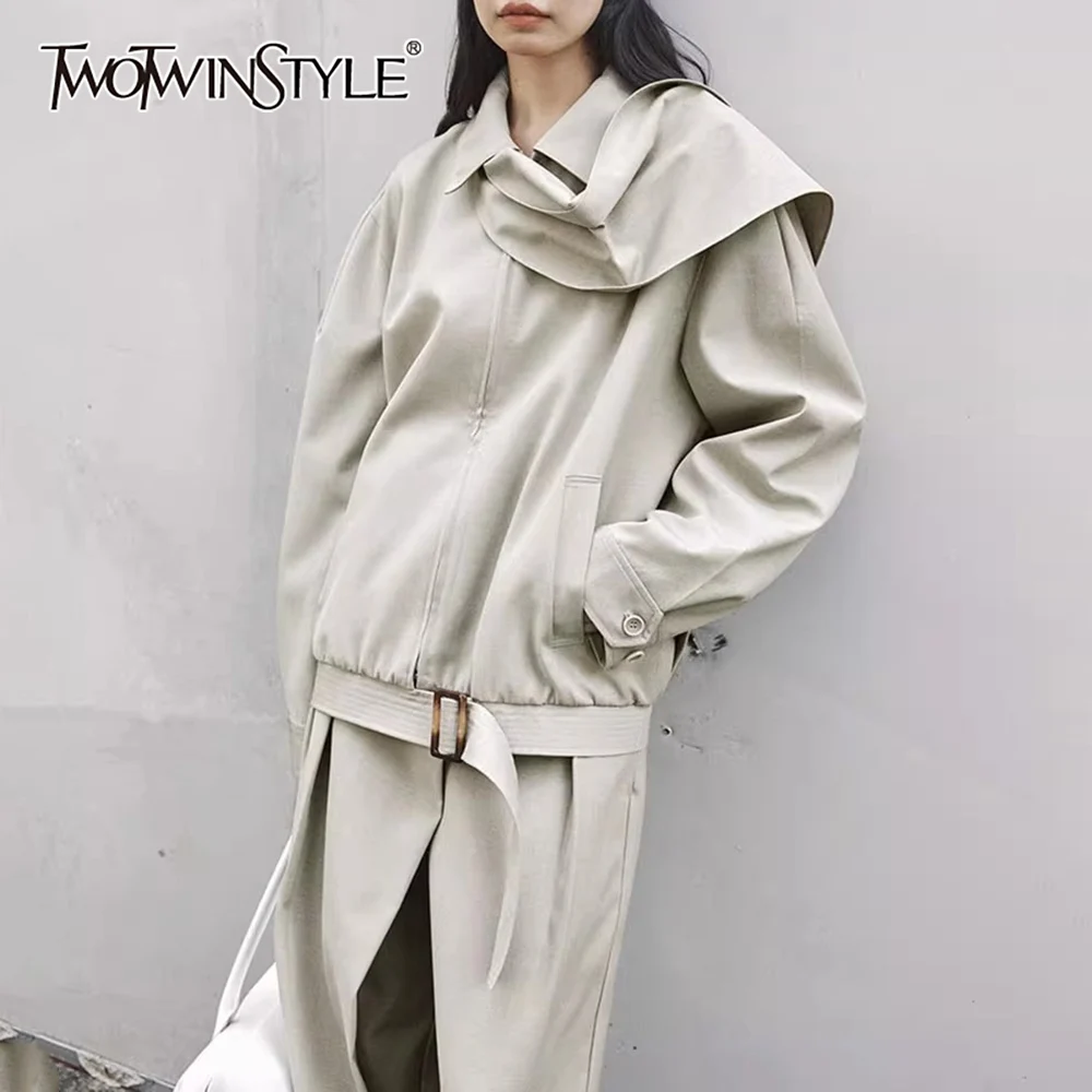 

TWOTWINSTYLE Solid Spliced Zipper Jacket Female Lapel Long Sleeve Temperament Casual Women's Jackets Autumn Style New Fashion