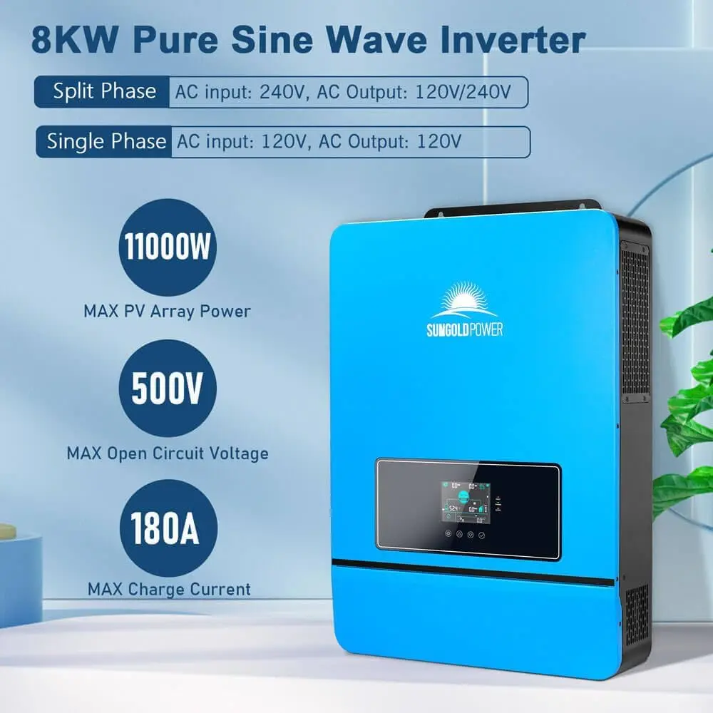 SUNGOLDPOWER 8000W 48V Solar Inverter, Built-in 2 MPPTs, Max 200A Charging,Split Phase AC Input/Output 120V/240V(settable),Pure