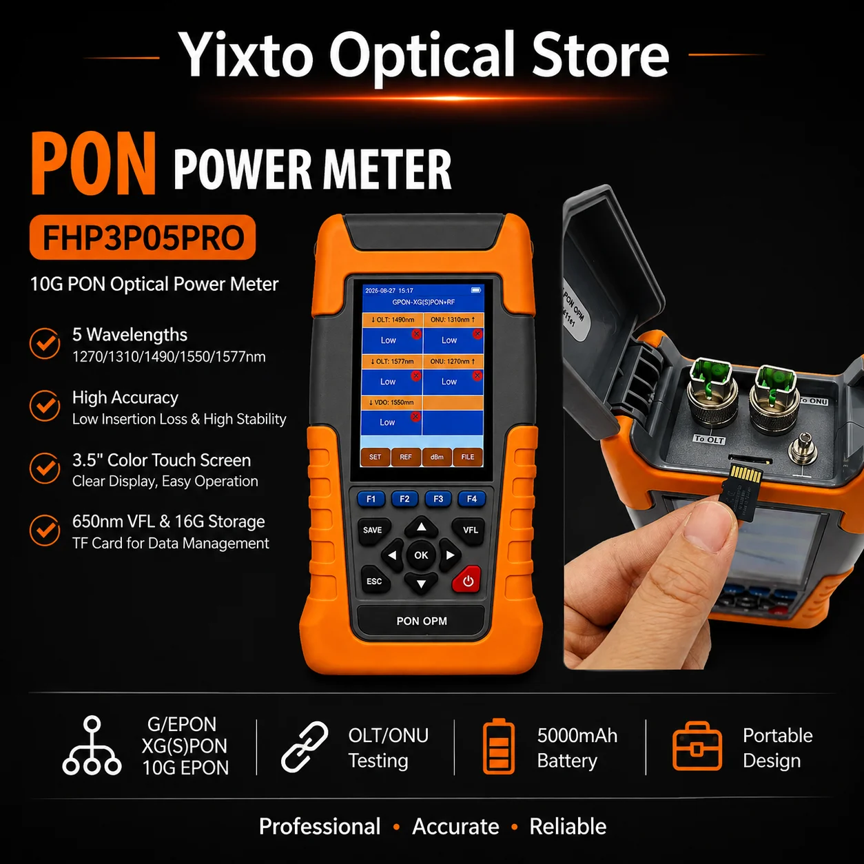 Optical Power Meter FHP3P05PRO 10G PON Power Meter supports GPON/EPON XGSPON/10GEPON 1270/1310/1490/1550/1577nm OPM Grandway