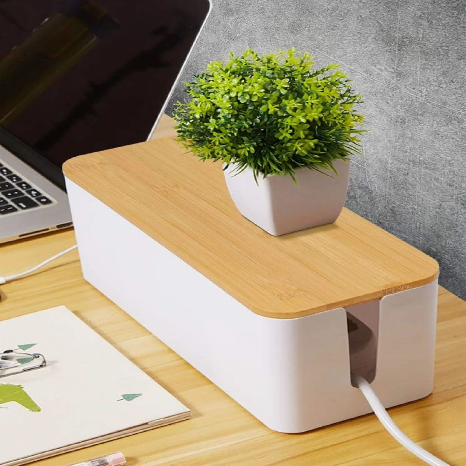 Cable Management Box, Cord Box Hider,Extension Socket Cord Organizer Box with Bamboo Wood Cover for Router Desk Power Strip