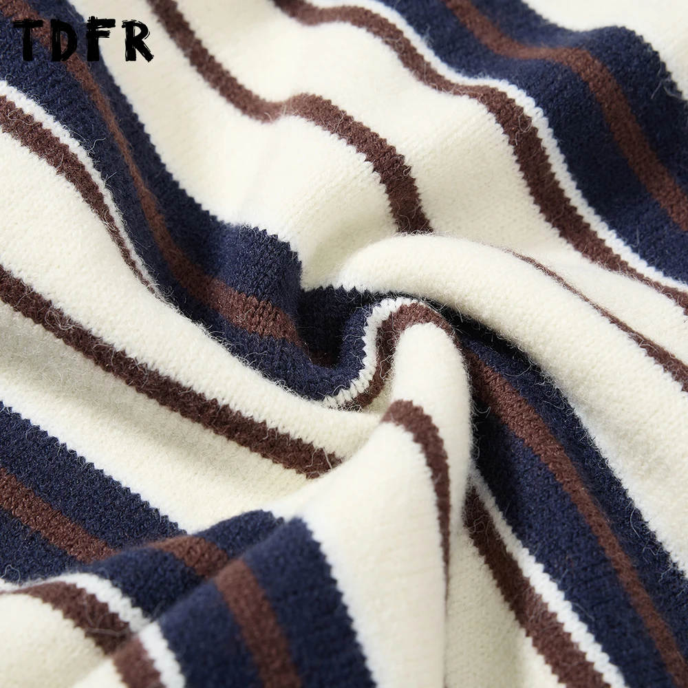 대비 패널 스트라이프 스웨터 남성 레트로 가을 겨울 캐주얼 루즈 긴 소매 옷깃 니트 풀오버 남자