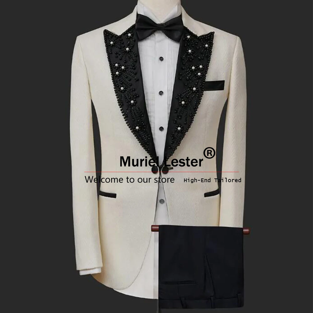 

Luxury Ivory Wedding Suit For Men Pearls Beading Black Lapel Jacket Pants 2 Pieces Groom Tuxedos Tailored Man Fashion Clothing